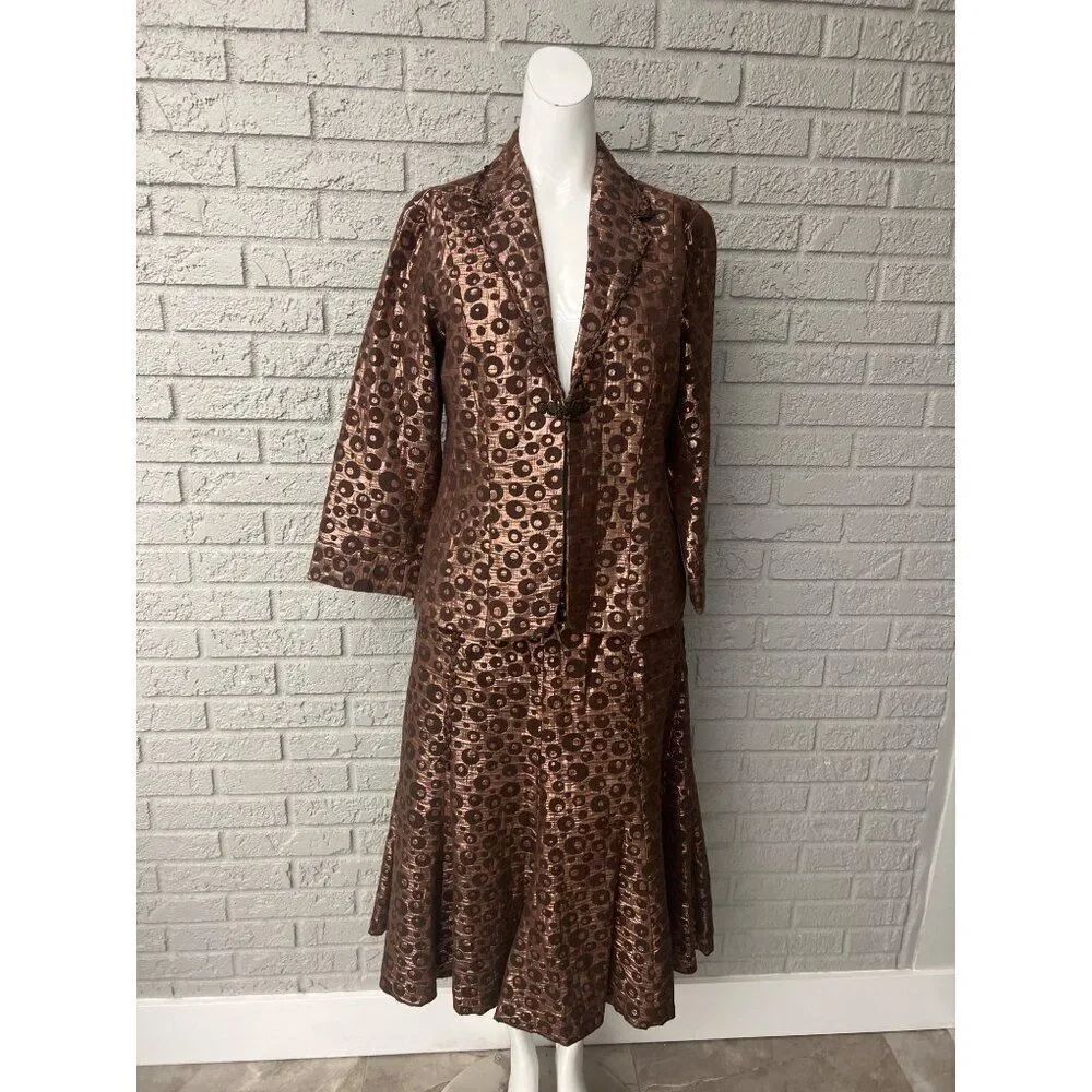 Merric Women Brown Metallic 2 Piece Skirt Suit Size 12